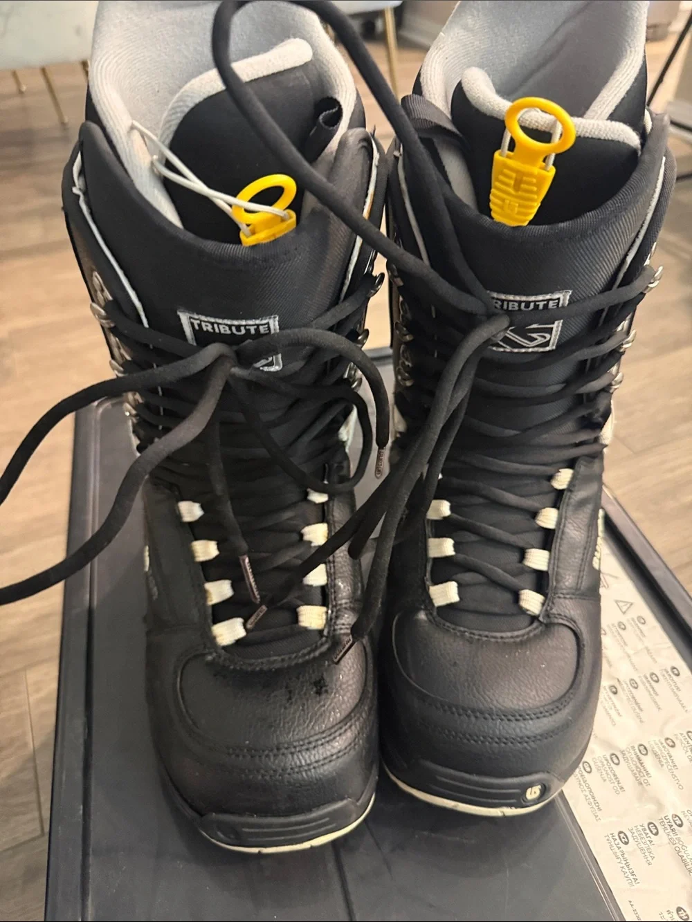 Burton Black and White Snowboard Boots with Yellow Pull Tabs